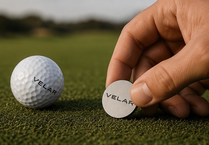 A hand placing the brushed metal VELAR ball marker beside a golf ball on the green