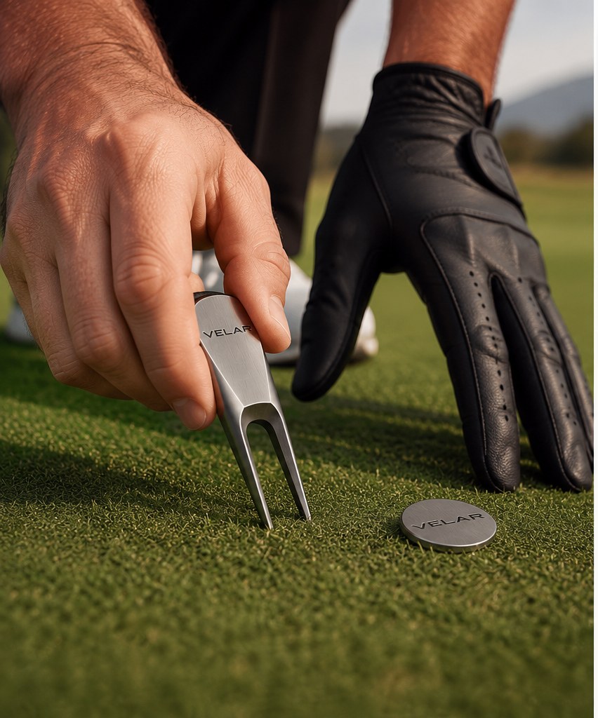 A golfer using the brushed metal VELAR divot repair tool on a putting green